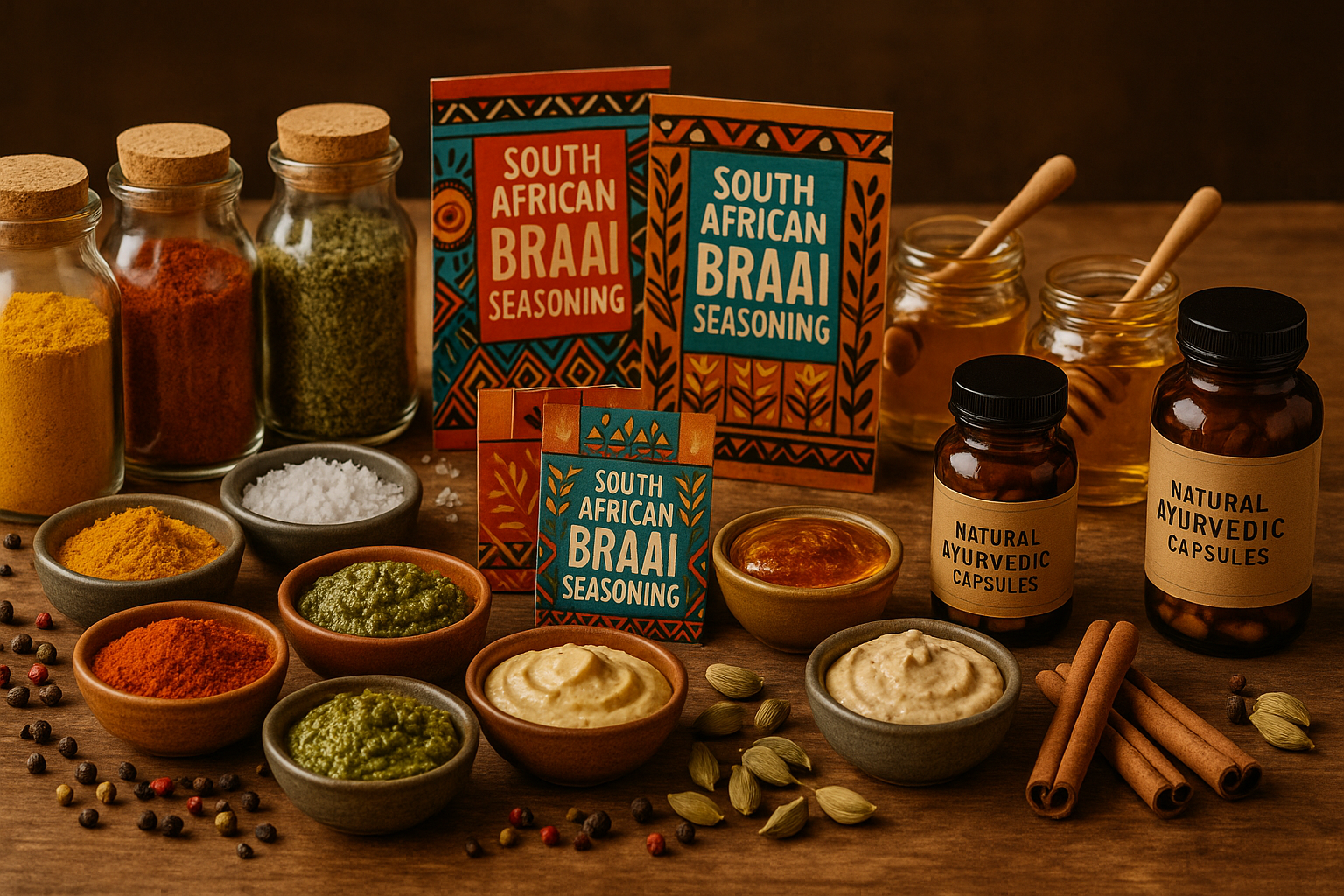 spices, braai seasonings, dips, honey and ayurvedic capsules
